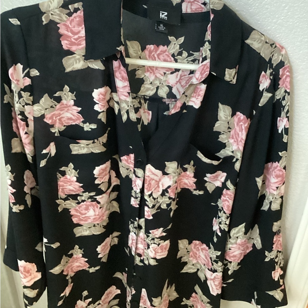IZ Byer Black Blouse with Floral Design